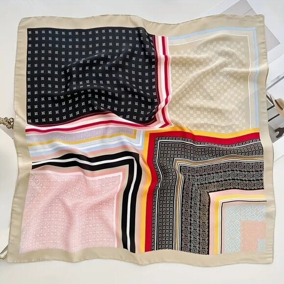 ✨Luxurious Silky Square Scarf Bandana Black Cream Multi-Color Abstract Geometric - Picture 6 of 7